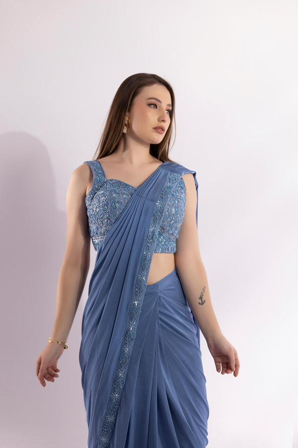 Carolina Blue Pre-Draped Saree with Embellished Blouse