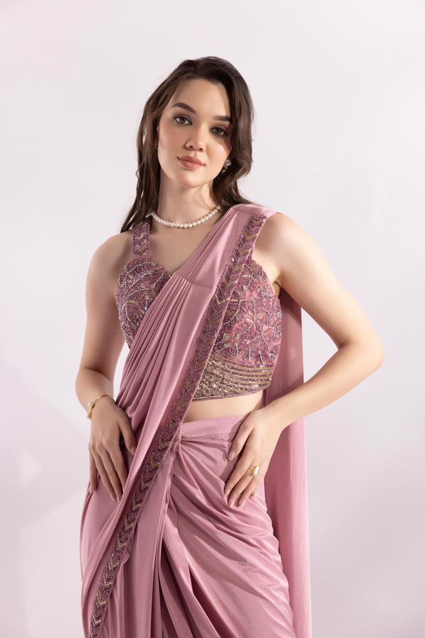 Lipgloss Pink Pre Draped Saree with Embellished Blouse