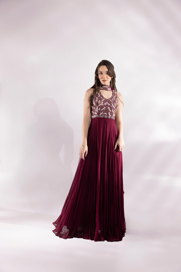 Deep Burgundy Fusion Anarkali Dress