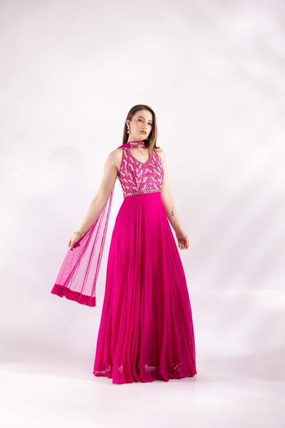 Fuchsia Pink Fusion Anarkali Dress