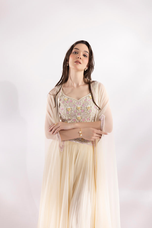 Vanilla Cream Cape and Palazzo Set with Embroidered Blouse