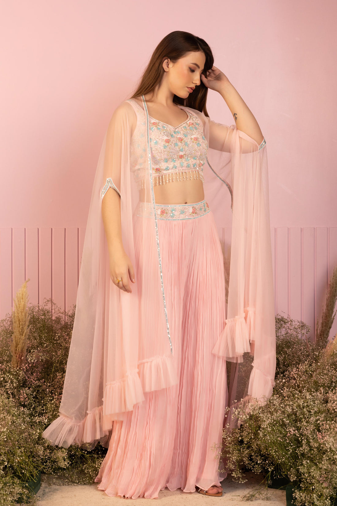 Baby Pink Petal Cape and Palazzo Set