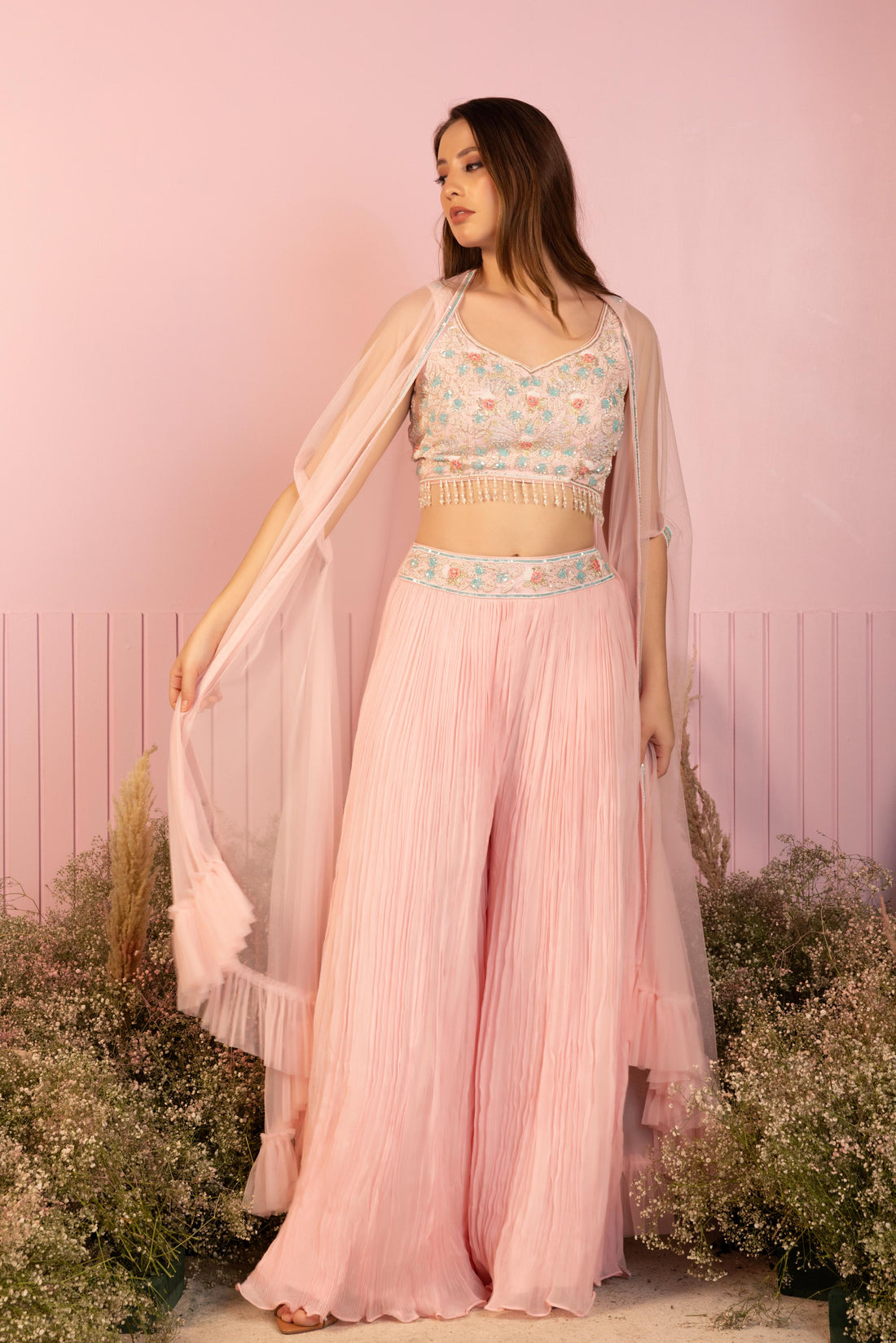 Baby Pink Petal Cape and Palazzo Set