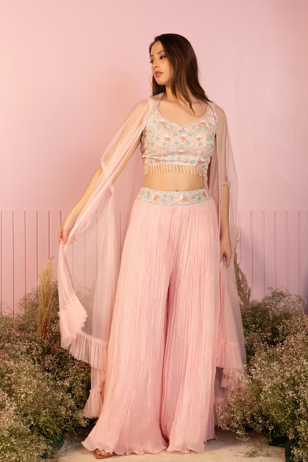 Baby Pink Petal Cape and Palazzo Set