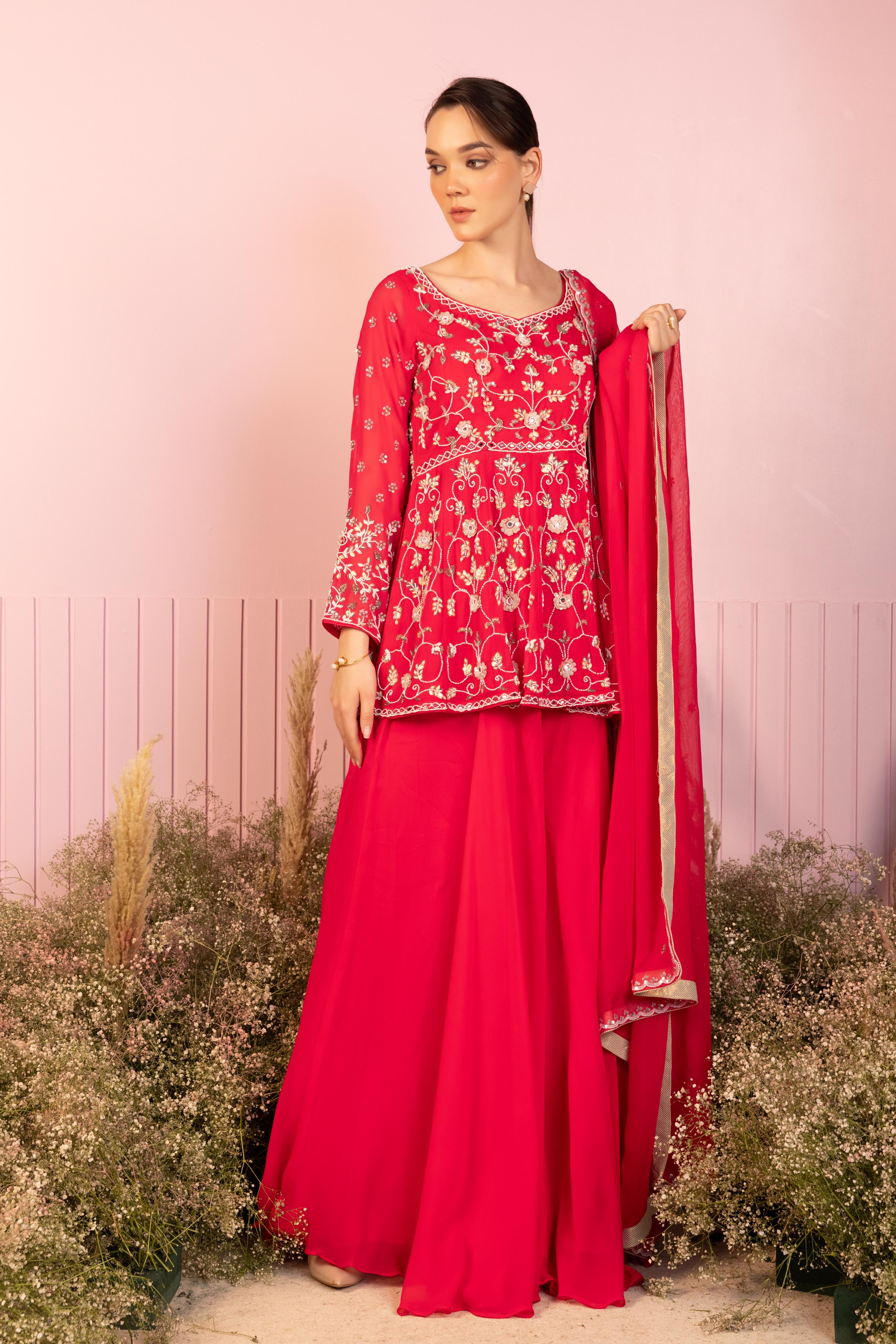 Fuchsia Floral Fusion Shahrara Set