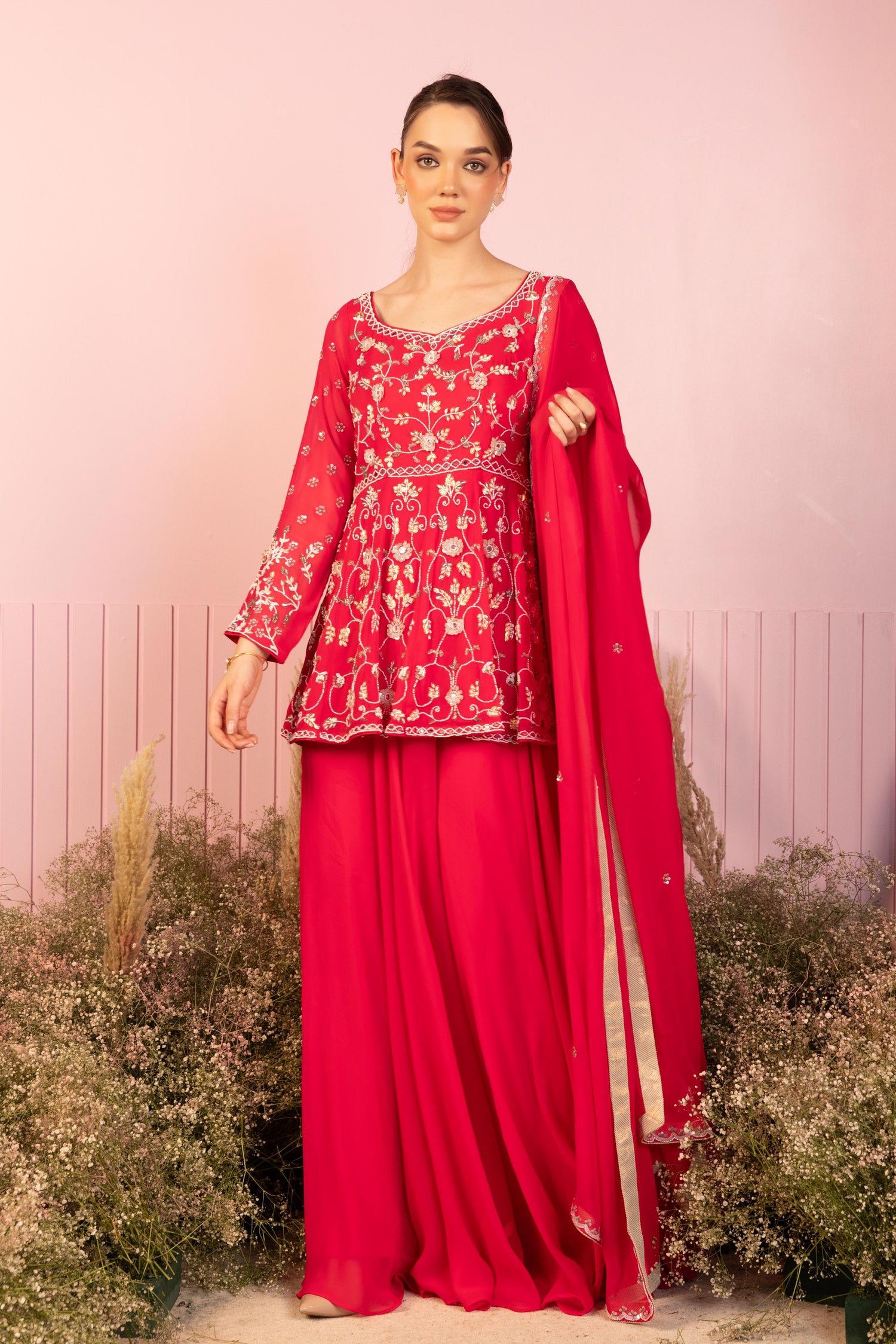 Fuchsia Floral Fusion Shahrara Set