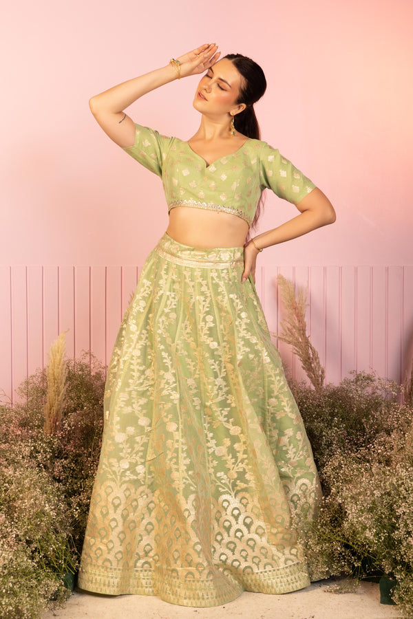 Pista Green Weightless Whisper Banarasi  Lehenga