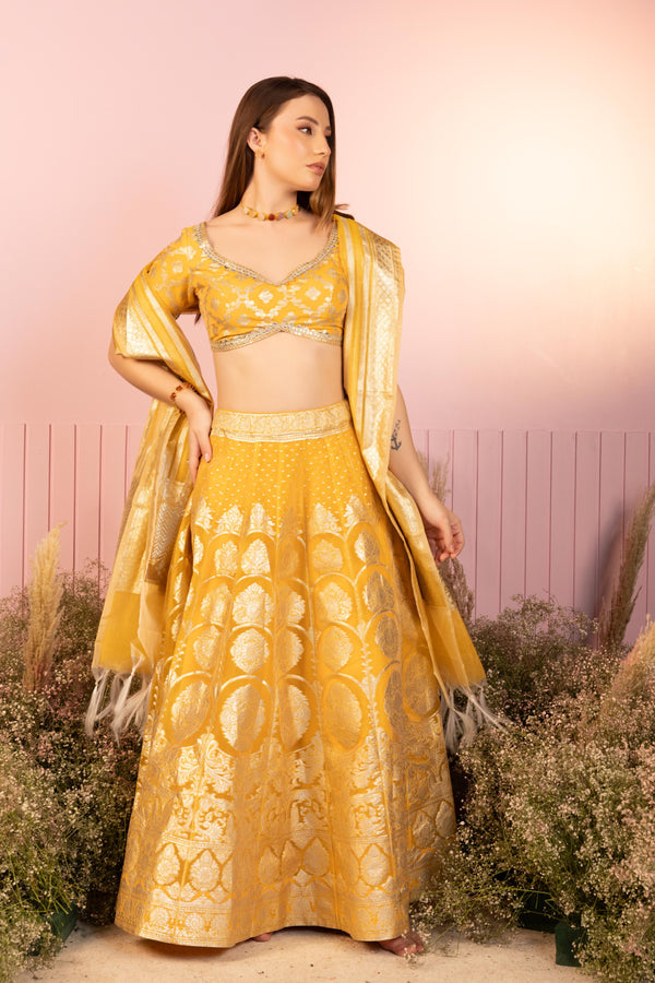 Mustard Weightless Whisper Banarasi Lehenga