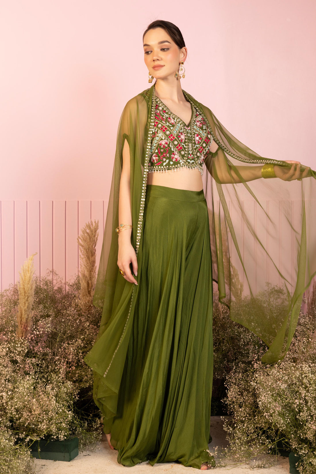 Leaf Green Cape and Palazzo Set with Embroidered Blouse