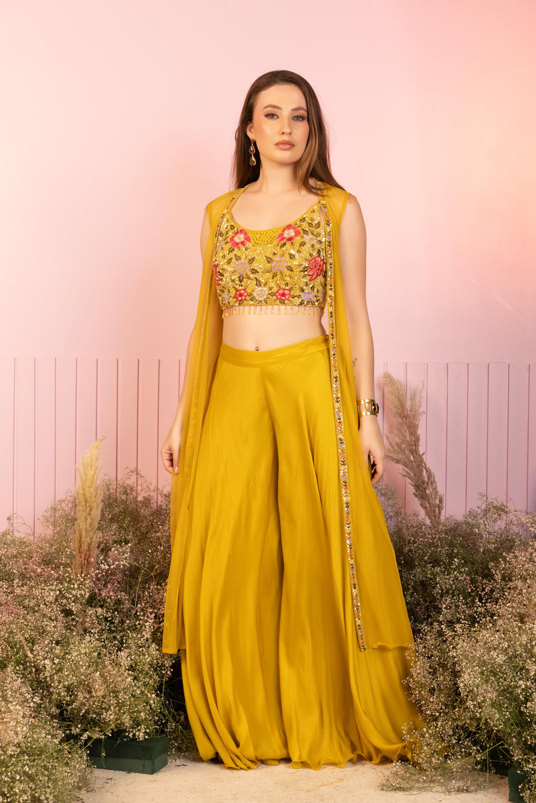 Mustard Cape and Palazzo Set with Embroidered Blouse