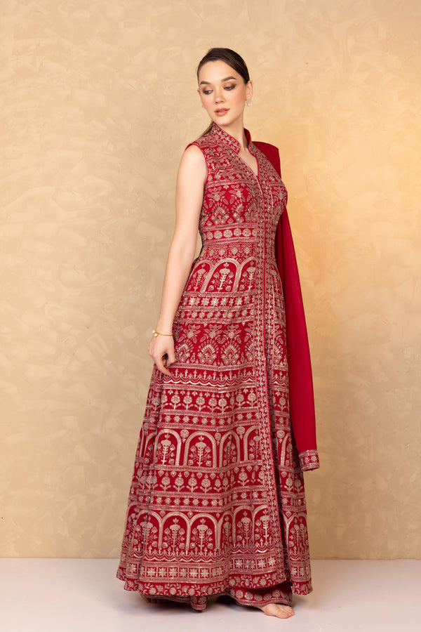 Cherry Red Anarkali with Shahrara Pants