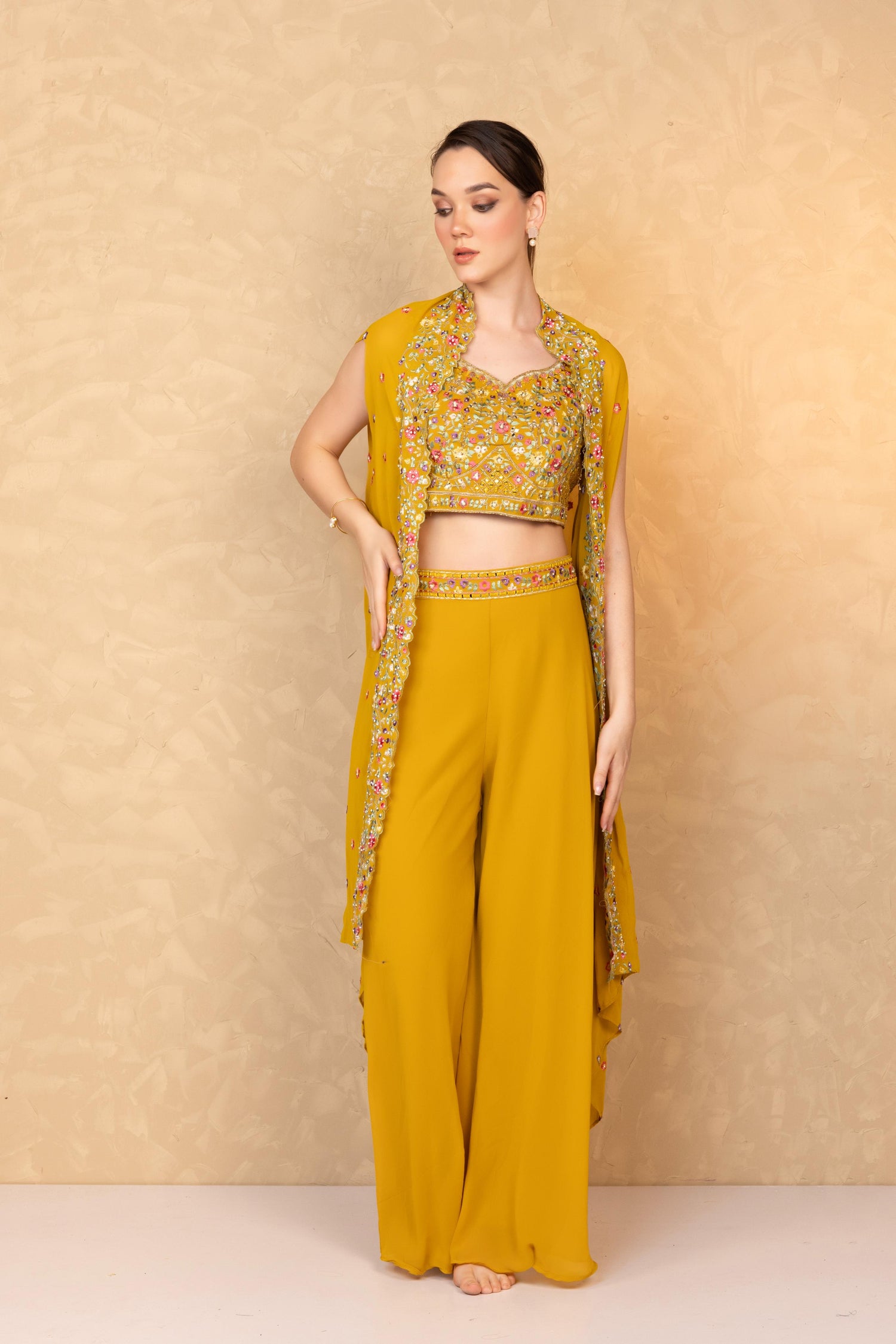 Mustard Floral Cape and Palazzo Set