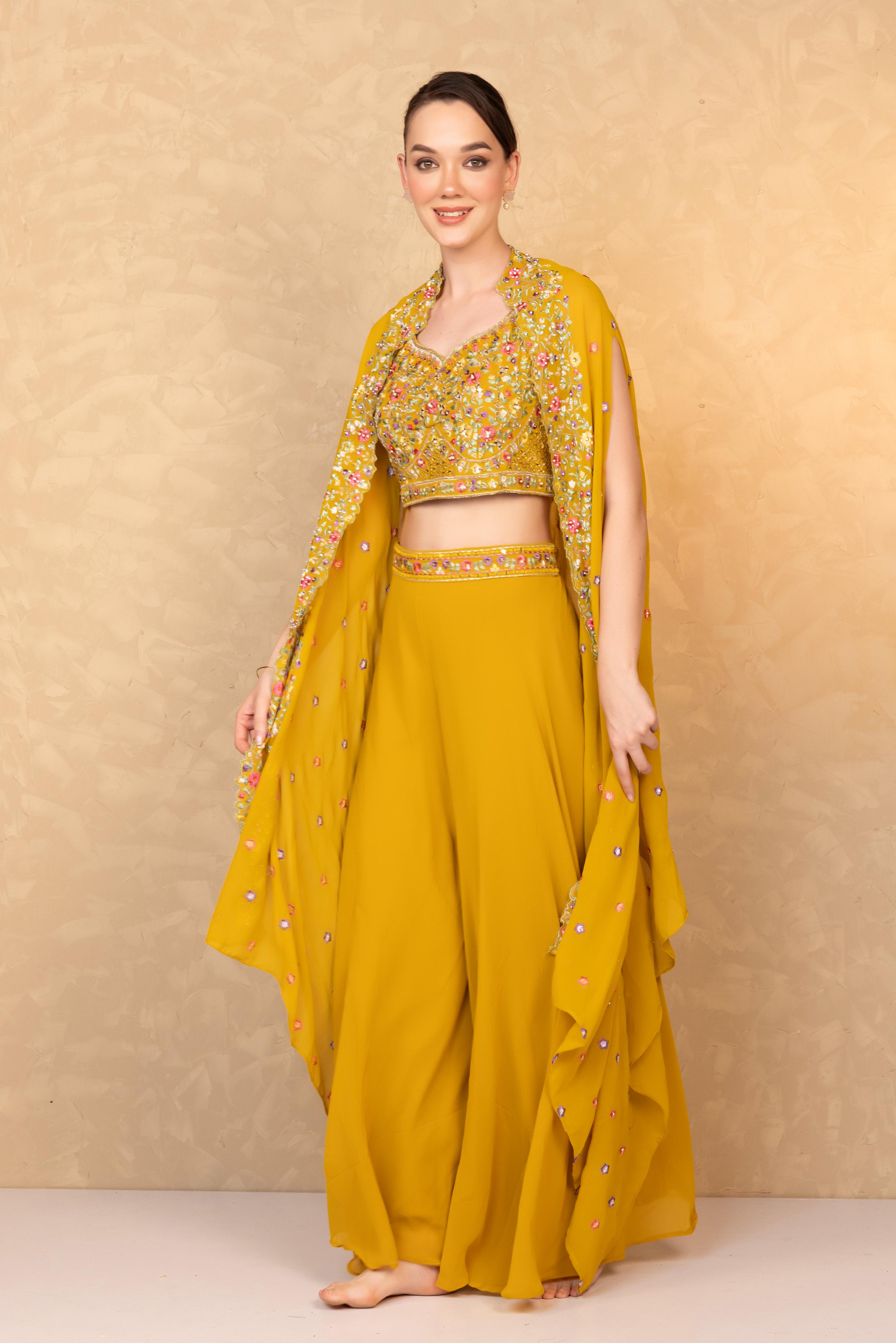 Mustard Floral Cape and Palazzo Set