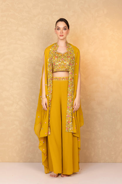 Mustard Floral Cape and Palazzo Set