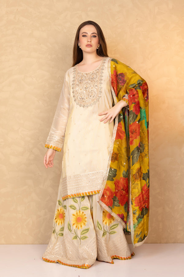 Beige Gold Kurta with Floral Sharara and Printed Dupatta