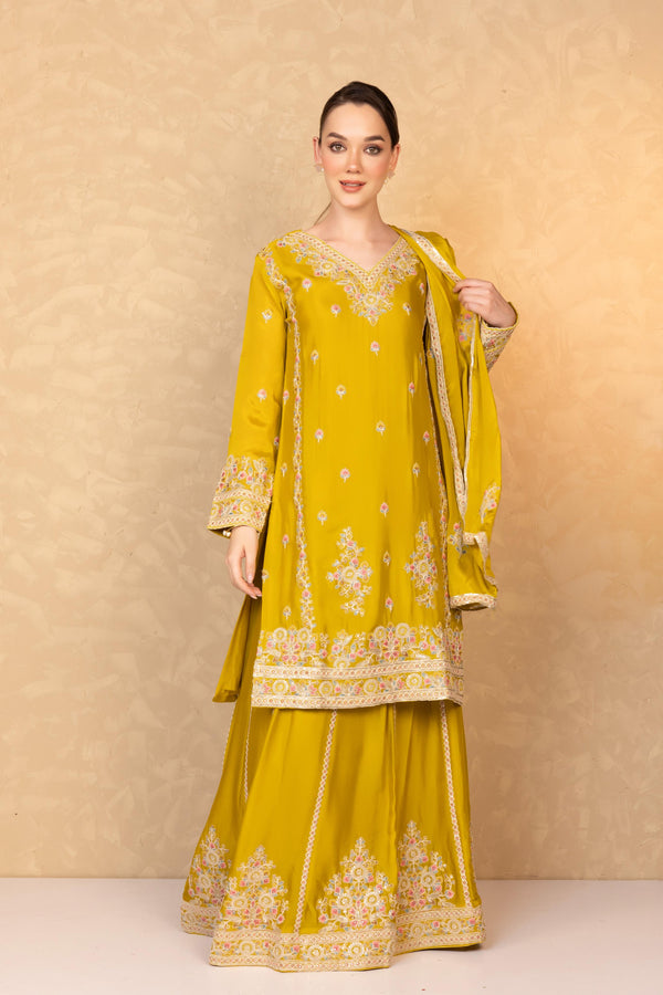 Mustard Yellow Silk Kurta with Sharara Skirt