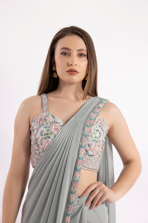 Powder Blue Pre Draped Saree with Embellished Blouse