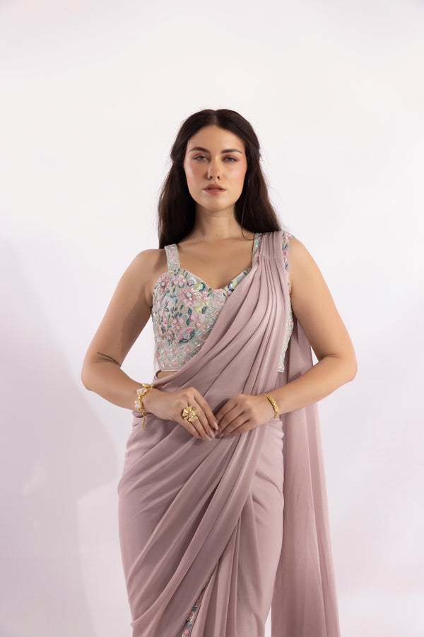 Blush Pink Floral Pre-Draped Saree