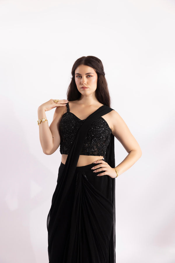 Night Black Pre-Draped Saree with Embellished Blouse