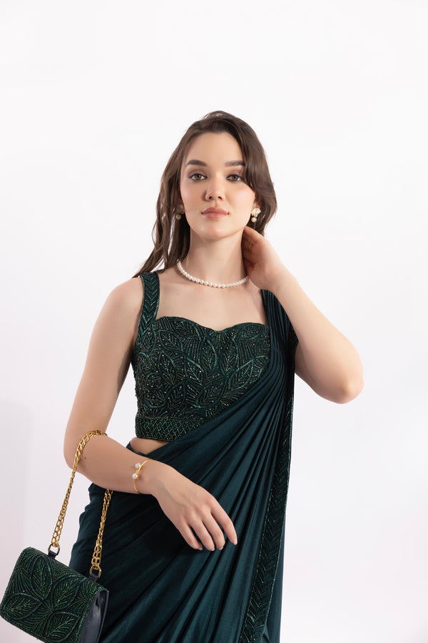 Emerald Green Pre-Draped Saree with Embellished Blouse