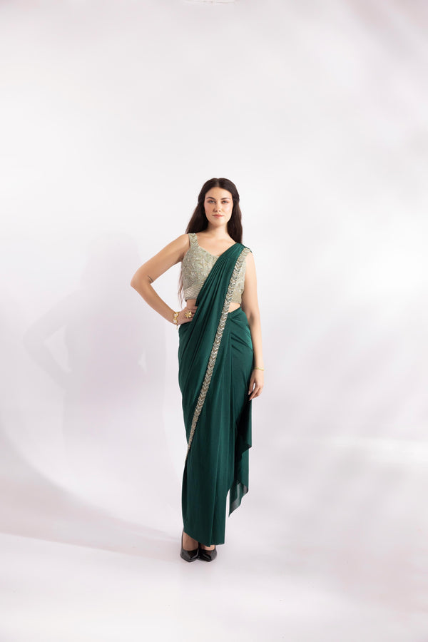 Deep Emerald Green Pre-Draped Saree with Silver Embelished Blouse