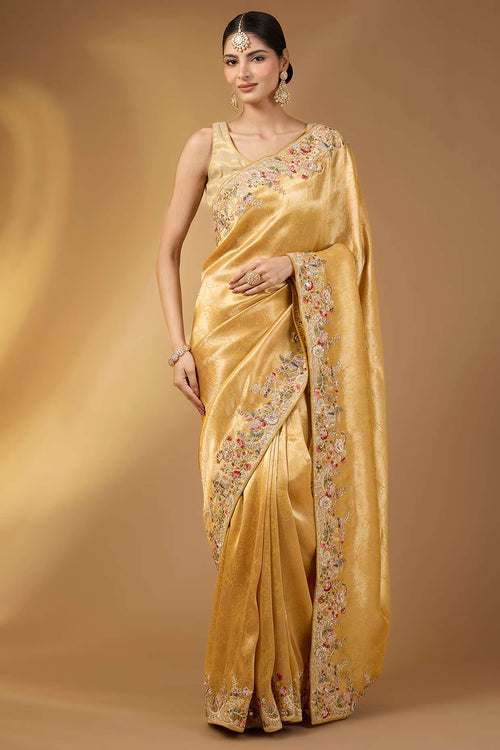 The Sunlit Pearl: Yellow Tissue Silk Saree with Pearl, Dori & Swarovski Work