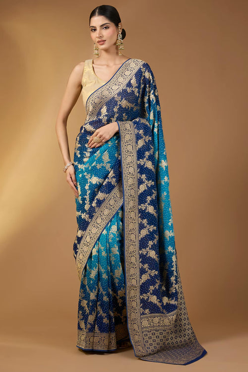 The Indigo Garden: Blue Shaded Khadi Georgette Saree with Floral Jaal