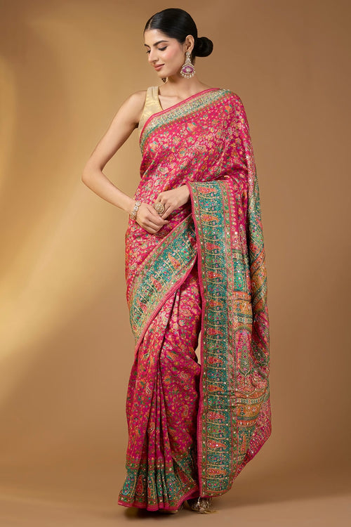 The Magenta Rhapsody: Pashmina Silk Saree with Floral, Sequins & Dabka Work