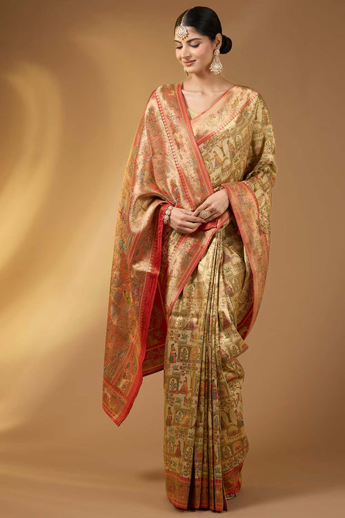 The Aurum Bloom: Beige Gold Crepe Silk Saree with Floral Zari Work