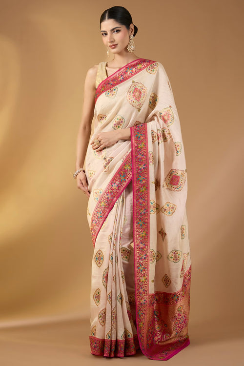 The Golden Veil: Cream Paper Silk Saree with Zari Jaal Work