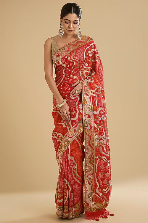 The Fuchsia Sparkle: Rani Pink Satin Silk Bandhani Saree with Swarovski Embroidery