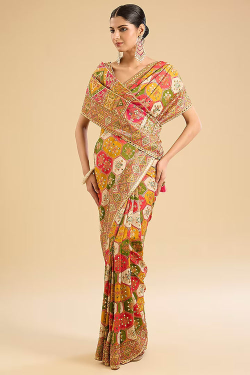 The Silk Kaleidoscope: Multi-Colored Satin Silk Saree with Mirror and Zari Work