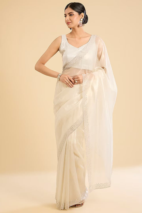The Celestial Scallop: Ivory Swarovski Embellished Organza Saree