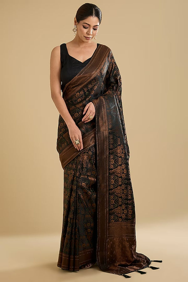 The Midnight Gold: Golden Black Silk Saree with Elephant Motif