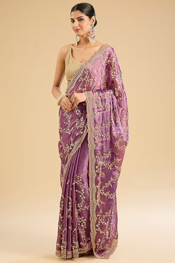 The Amethyst Sparkle: Purple Glass Tissue Saree with Scalloped Cutwork