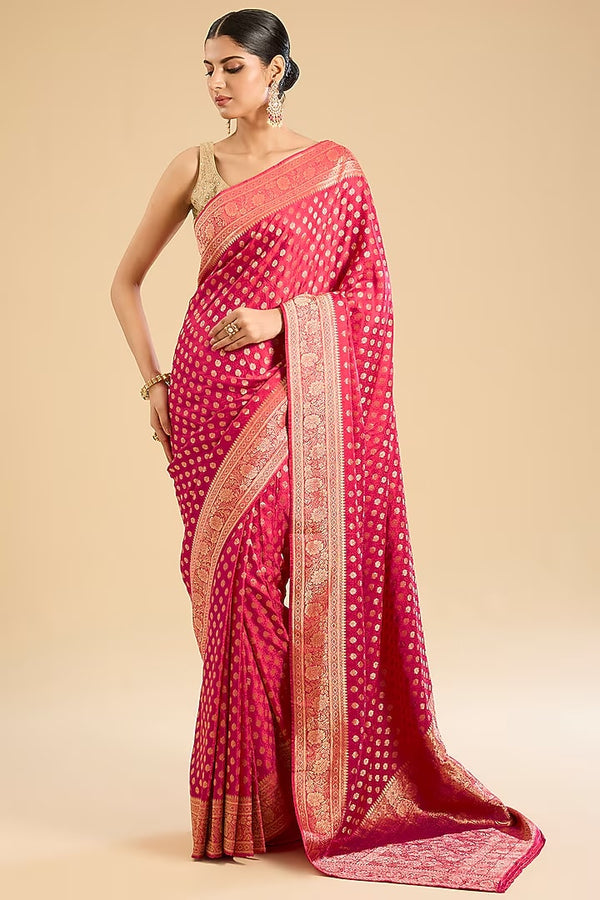 The Fuchsia Empress: Rani Pink Satin Silk Banarasi Saree with Golden Zari Motifs