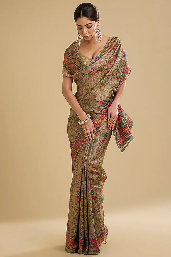 The Garden Duet: Pista Green & Rani Pink Satin Silk Motif Saree