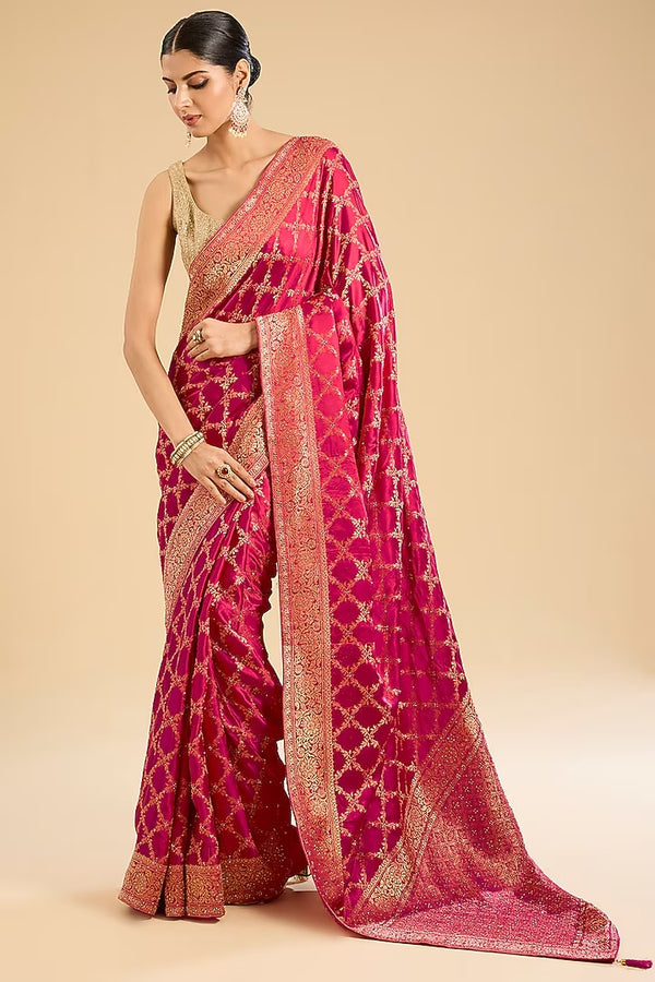 The Fuchsia Starlight: Rani Pink Satin Silk Zari Jaal Saree