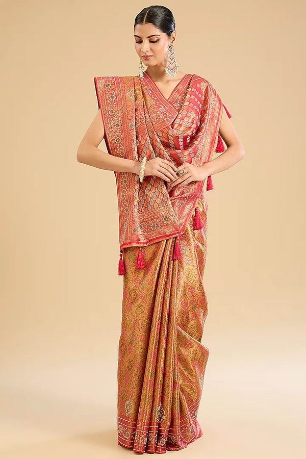 The Rose Garden: Rani Pink Satin Silk Saree with Floral Thread Work