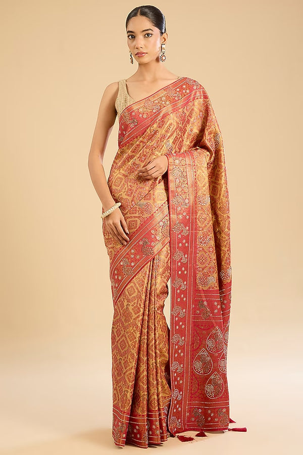 The Peacock Serenade: Pink Satin Silk Saree with Zari Thread Work