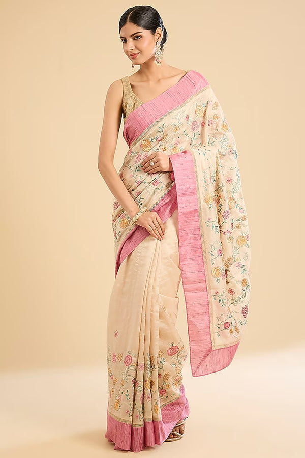 The Silk Blush: Cream and Baby Pink Floral Saree