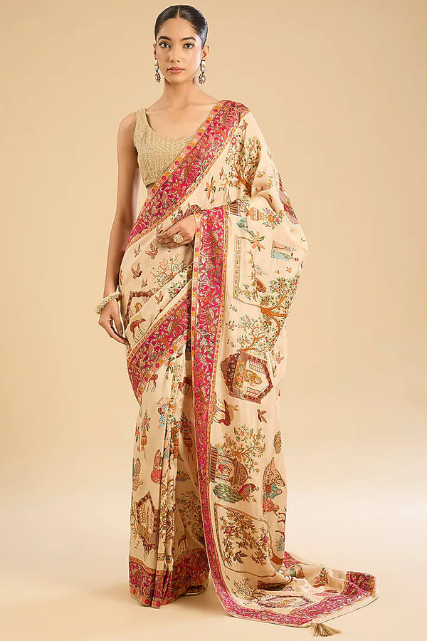 The Ivory Muse: Cream Satin Silk Saree with Swarovski Motifs