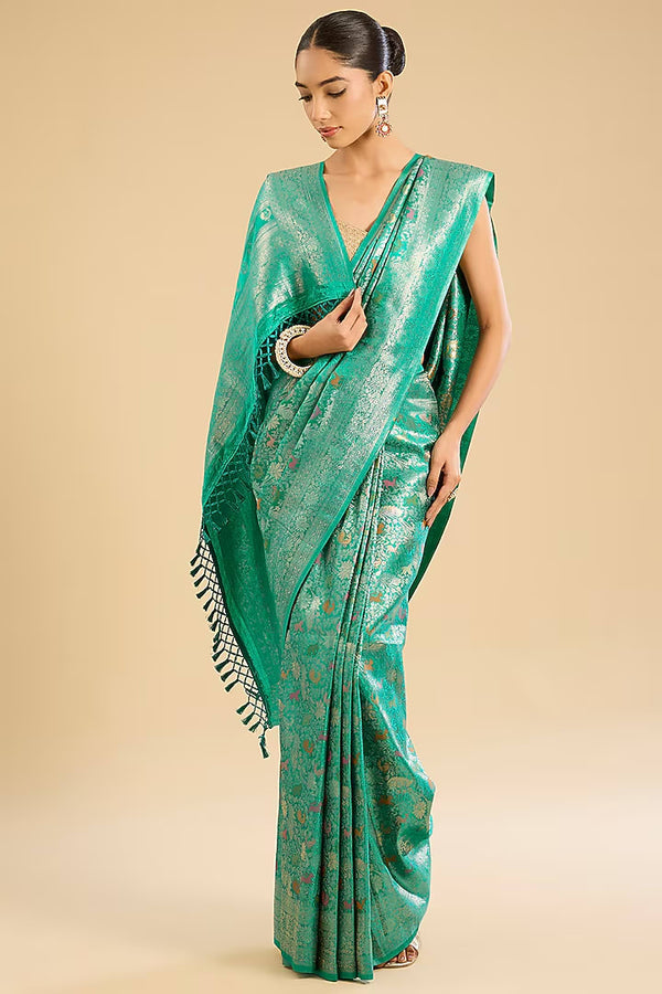 The Silver Safari: Teal Satin Silk Wildlife Zari Saree