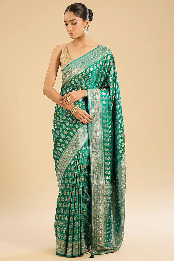 The Emerald Treasure: Green Silk Banarasi Saree with Zarkan Booti
