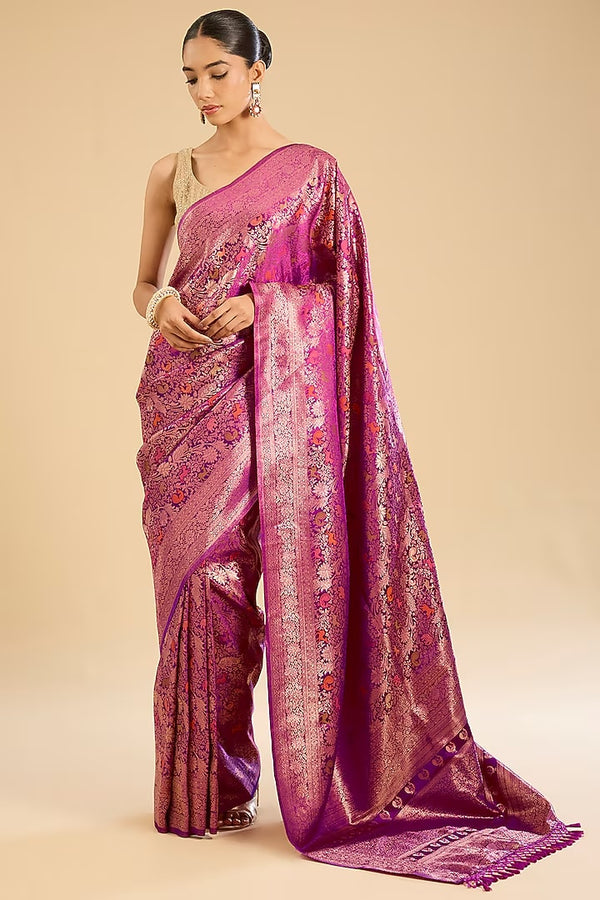 Magenta Pink Silver Zari Work Saree Set