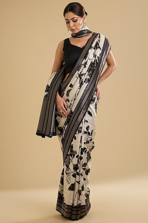 The New York Night: Black & White Satin Printed Saree with Swarovski Border