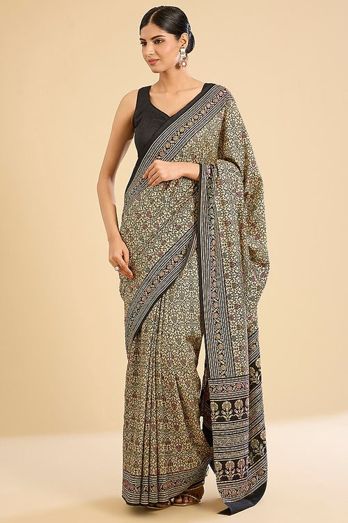 The Twilight Flora: Black & Cream Printed Cotton Saree
