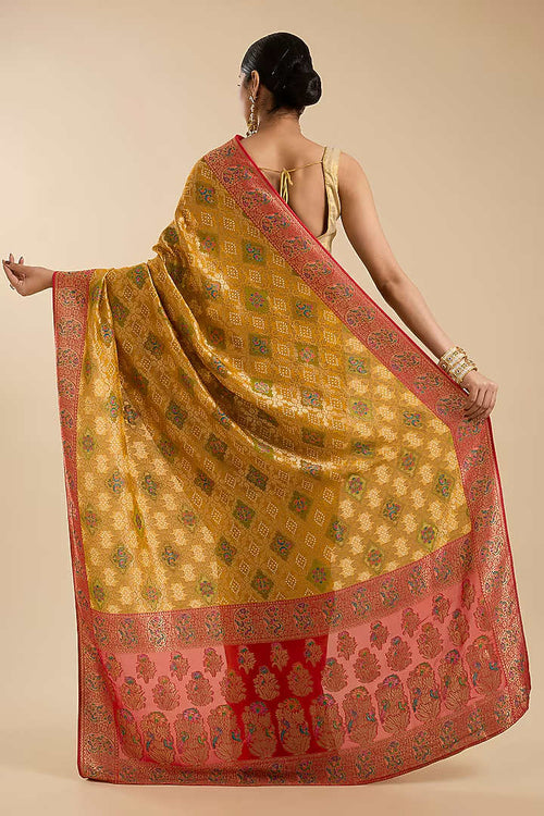 The Mustard Bloom: Khadi Georgette Saree with Zari Ambi Floral Pallu
