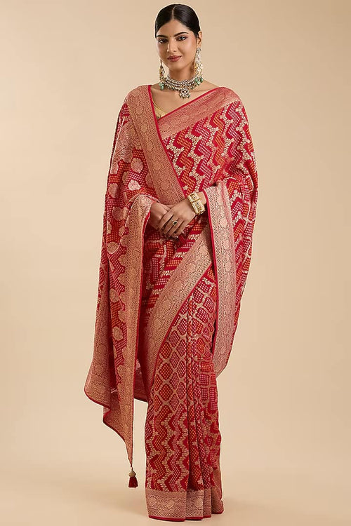 The Scarlet Patola: Red Khadi Georgette Saree with Zari Jaal Weave