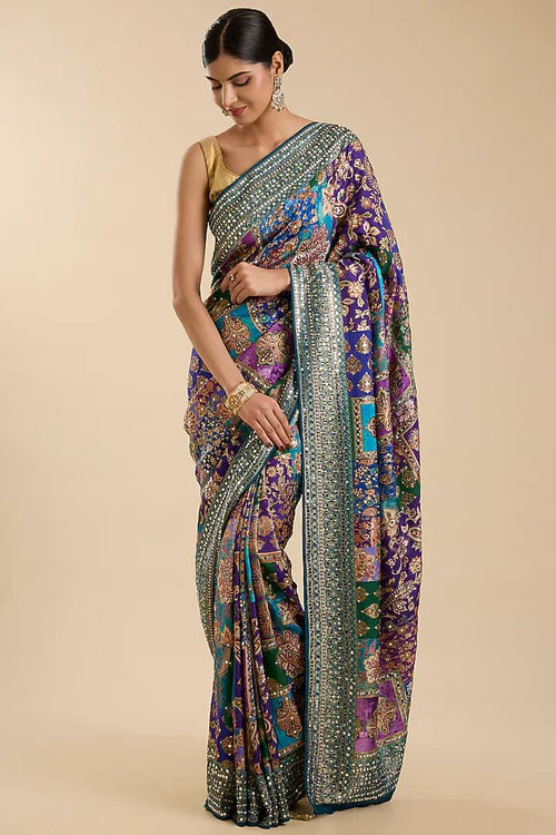 The Peacock Garden: Multicolour Crepe Silk Saree with Zari Mirror Ambi Floral Work